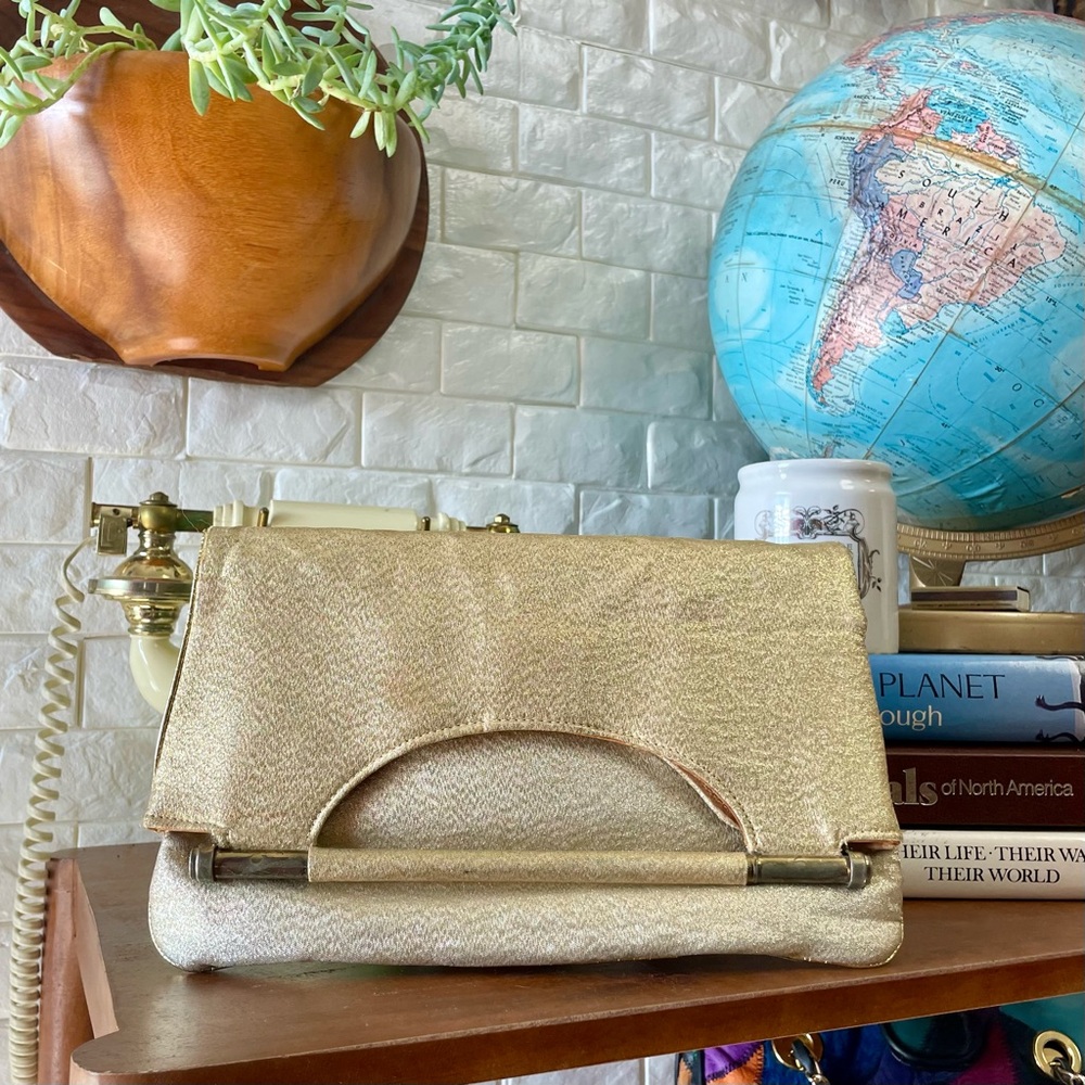 Vintage Metallic Gold Foil Clutch 1950s Evening Bag Fold Over Metal Bar Detail